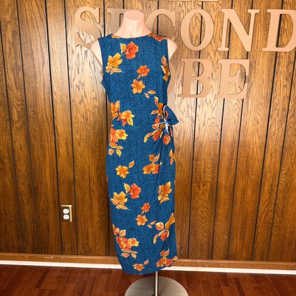Maggy London Midi Dress Blue Orange Floral Wrap Tie Boho Hippie Whimsy Cottage
